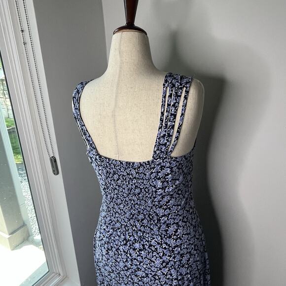 Vtg Midi Dress Size 14 Ditsy Floral Blue Smocked 90s Button Front Y2K - Picture 6 of 9